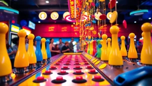 Menjatuhkan chip pada papan plinko yang berwarna-warni di arena permainan.