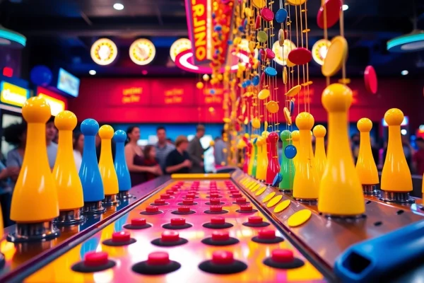 Menjatuhkan chip pada papan plinko yang berwarna-warni di arena permainan.