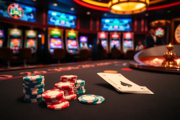 Experience excitement at https://78win.school/ with a professional casino gaming table and vibrant poker chips.