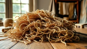 Jute vezels prachtig gepresenteerd op een houten tafel met gereedschap voor handwerk.