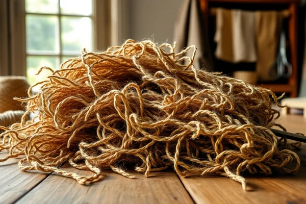 Jute vezels prachtig gepresenteerd op een houten tafel met gereedschap voor handwerk.