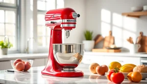 Baking with a KitchenAid mixer NZ in a contemporary kitchen, featuring fresh ingredients and vibrant colors.