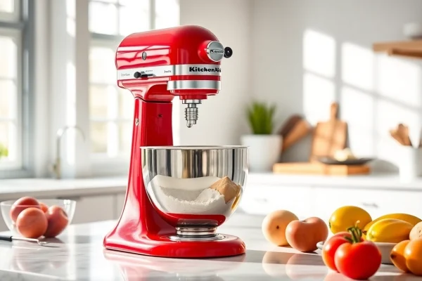 Baking with a KitchenAid mixer NZ in a contemporary kitchen, featuring fresh ingredients and vibrant colors.