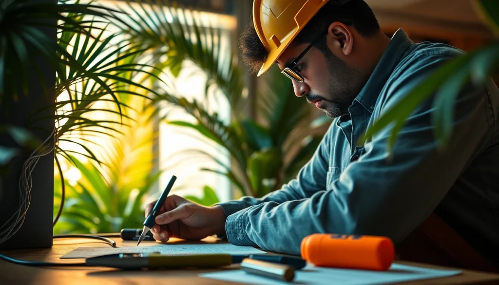 Engaged electrician apprenticeship hawaii apprentice working with tools in a tropical setting.