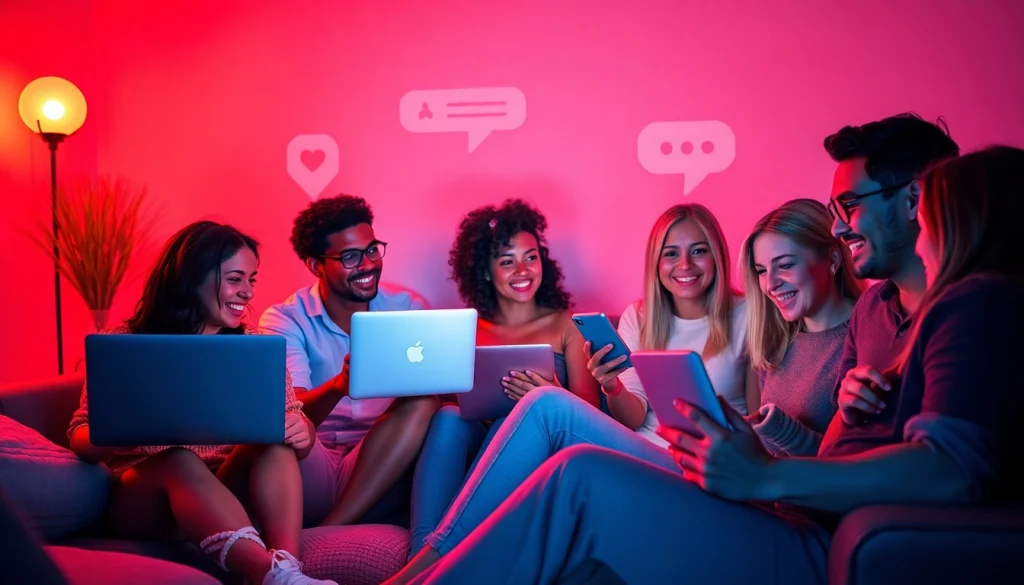 Dynamic adults engaged in vibrant sex chat online with devices, creating joyful connections.