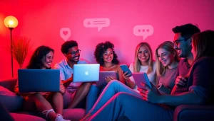Dynamic adults engaged in vibrant sex chat online with devices, creating joyful connections.