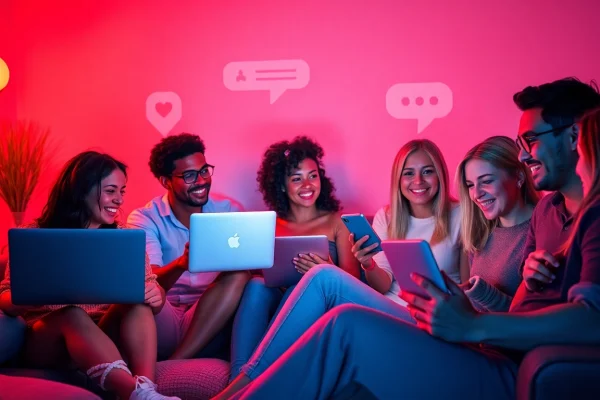 Dynamic adults engaged in vibrant sex chat online with devices, creating joyful connections.