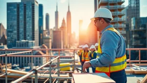 New York General Contractor managing a construction site with urban skyline.