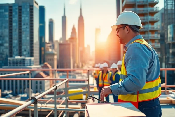 New York General Contractor managing a construction site with urban skyline.