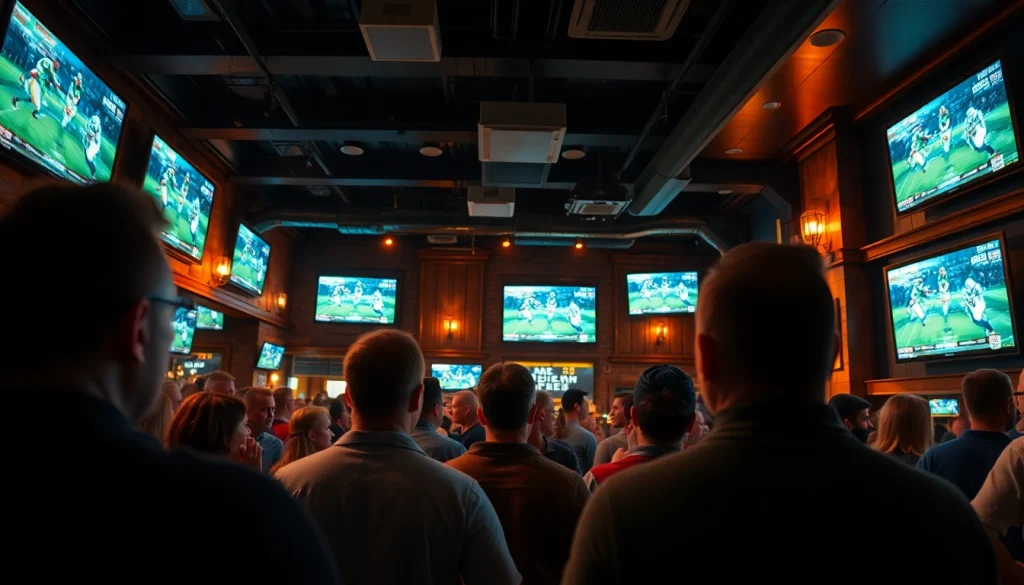 Cheering crowd at bars for sportsbooks in Alabama matches creating an electrifying atmosphere.