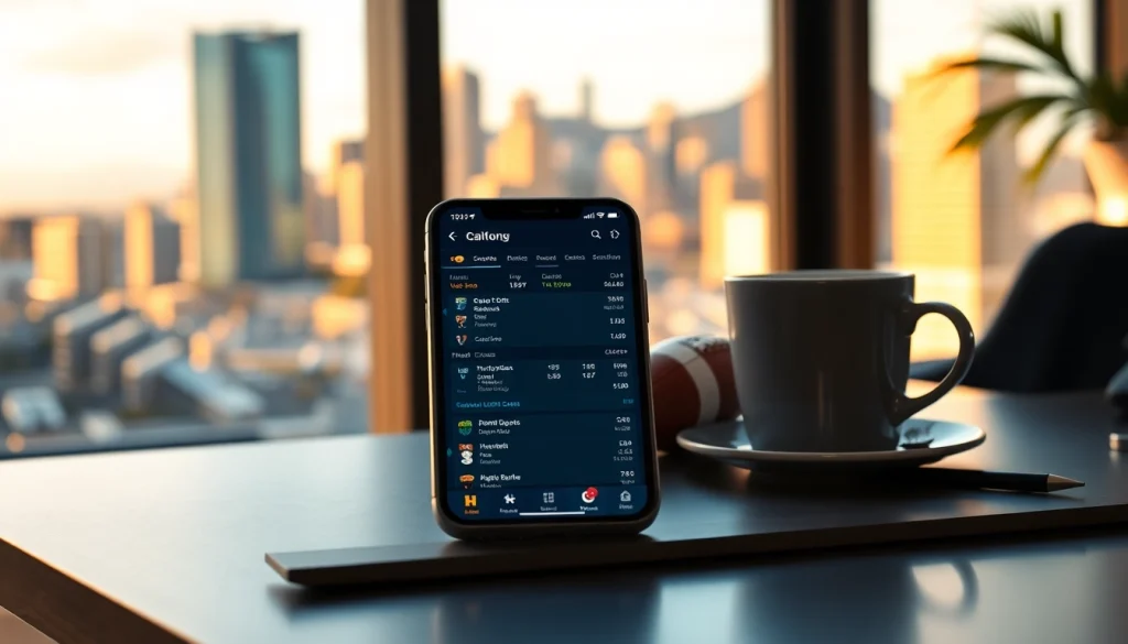 Engaging layout of sportsbooks in California highlighted on a mobile app, set against a dynamic background.