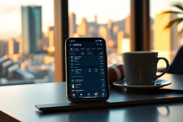 Engaging layout of sportsbooks in California highlighted on a mobile app, set against a dynamic background.