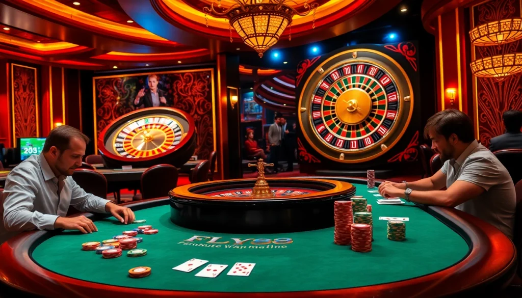 Join the excitement at FLY88 trang chủ with vibrant gambling visuals of poker and roulette games.