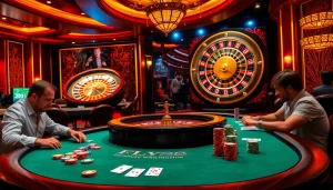 Join the excitement at FLY88 trang chủ with vibrant gambling visuals of poker and roulette games.