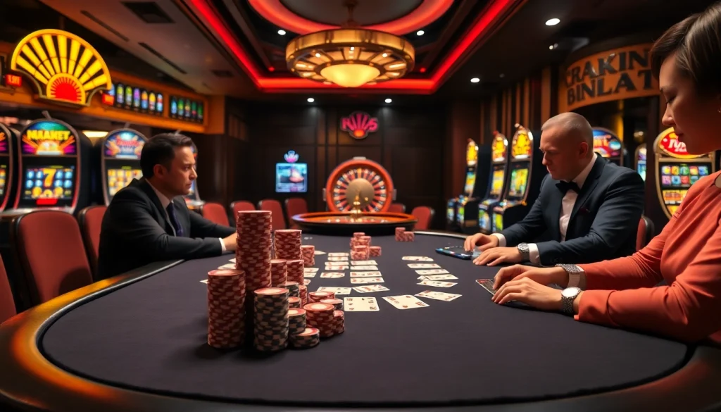 Experience the thrill of bk8 login as players engage in high-stakes poker with vibrant casino elements.