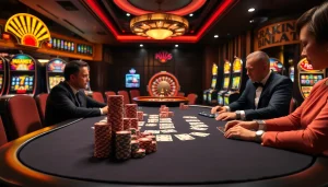 Experience the thrill of bk8 login as players engage in high-stakes poker with vibrant casino elements.