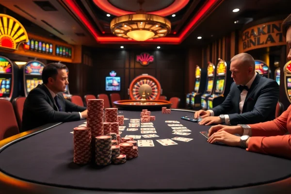 Experience the thrill of bk8 login as players engage in high-stakes poker with vibrant casino elements.