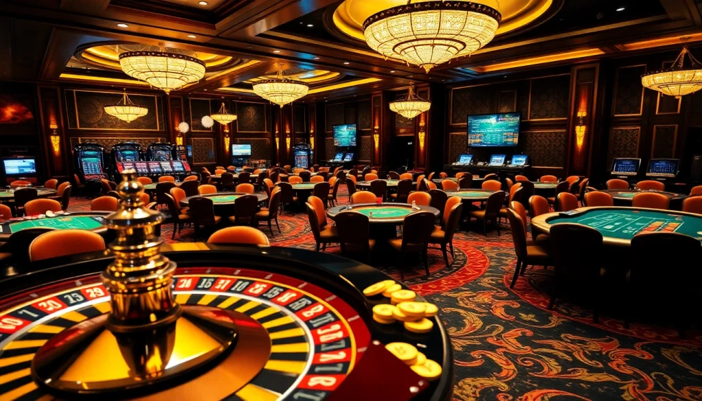 S88vip casino gaming room filled with lavish tables, poker chips, and a spinning roulette wheel.