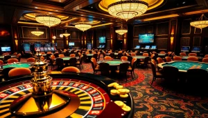 S88vip casino gaming room filled with lavish tables, poker chips, and a spinning roulette wheel.