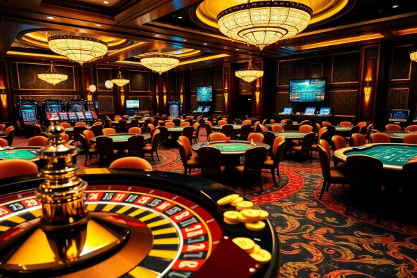 S88vip casino gaming room filled with lavish tables, poker chips, and a spinning roulette wheel.