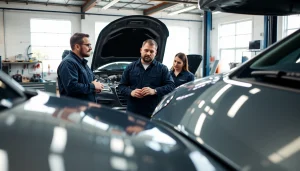 Technicians discussing an auto protection plan in a modern workshop environment.