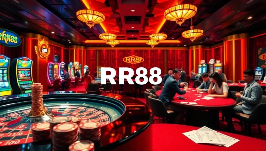 Gambling excitement at RR88 casino with vibrant slot machines, roulette tables, and interactive dealers.