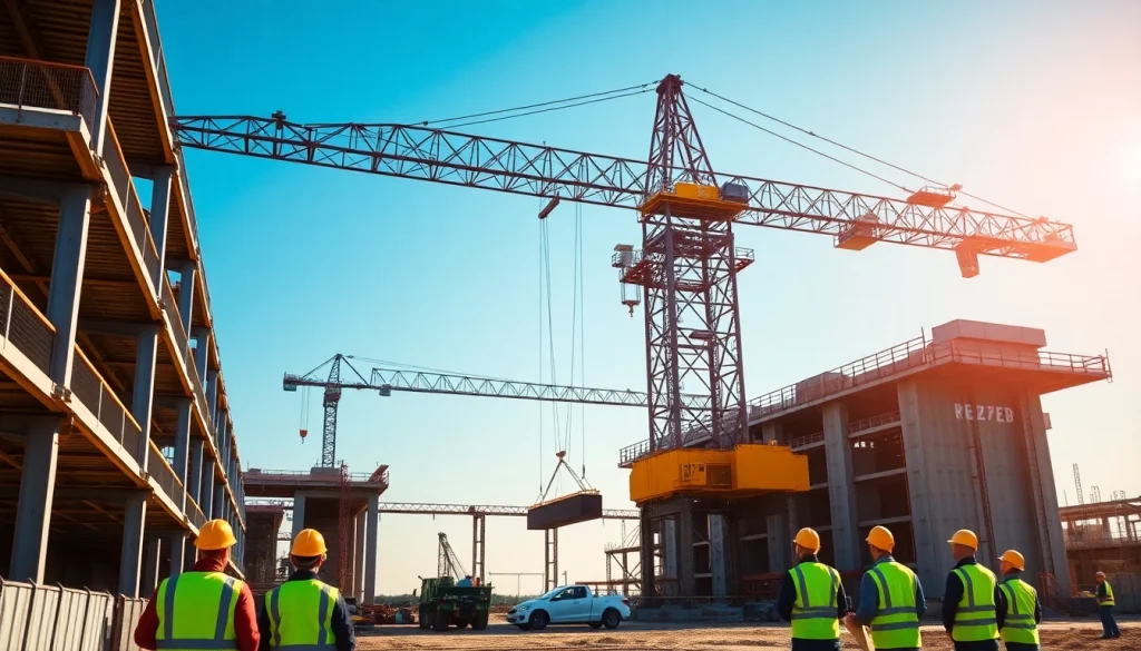 Dynamic scene featuring a double girder bridge crane lifting heavy loads at a construction site, showcasing industrial efficiency.