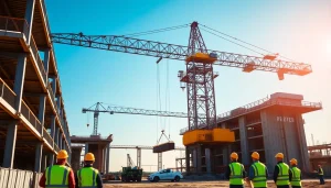 Dynamic scene featuring a double girder bridge crane lifting heavy loads at a construction site, showcasing industrial efficiency.