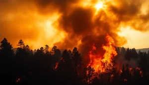 Visual representation of Wildfire events igniting a forest landscape, emphasizing destruction and urgency.