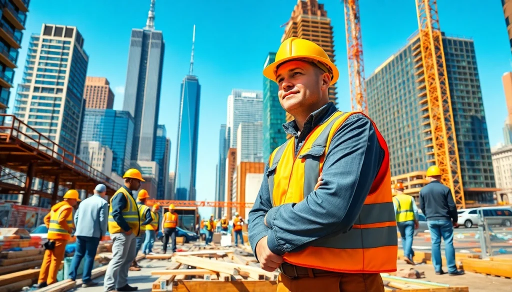 Construction scene with a New York General Contractor directing a diverse team at a vibrant NYC construction site.