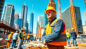 Construction scene with a New York General Contractor directing a diverse team at a vibrant NYC construction site.