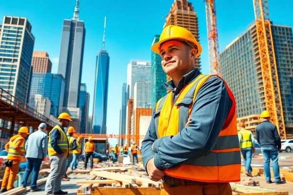 Construction scene with a New York General Contractor directing a diverse team at a vibrant NYC construction site.