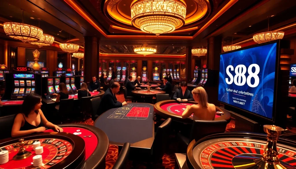S88 nhà cái showcases a vibrant casino atmosphere with players engaging at poker tables, embodying excitement.