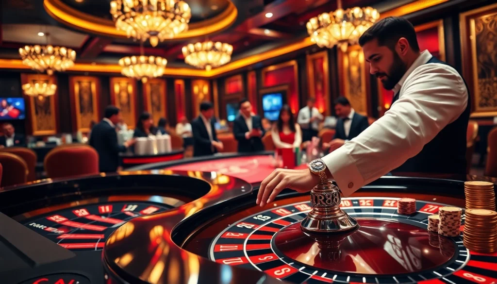 RR88 players engaging in thrilling casino games with vibrant poker chips and roulette wheel.