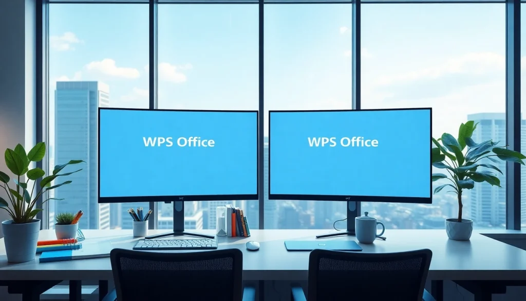 带有WPS下载界面的现代办公工作区，显示器上呈现，氛围宜人