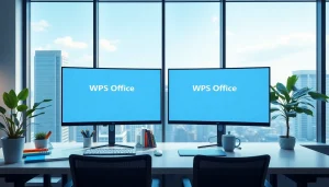 带有WPS下载界面的现代办公工作区，显示器上呈现，氛围宜人