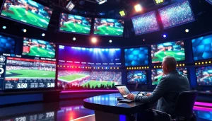 Engaging scene of sports broadcasting with anchor interacting and vibrant studio elements.