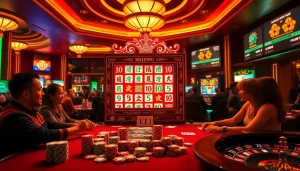 Engage with the mahjong slot demo at a vibrant casino with slot machines and poker chips.