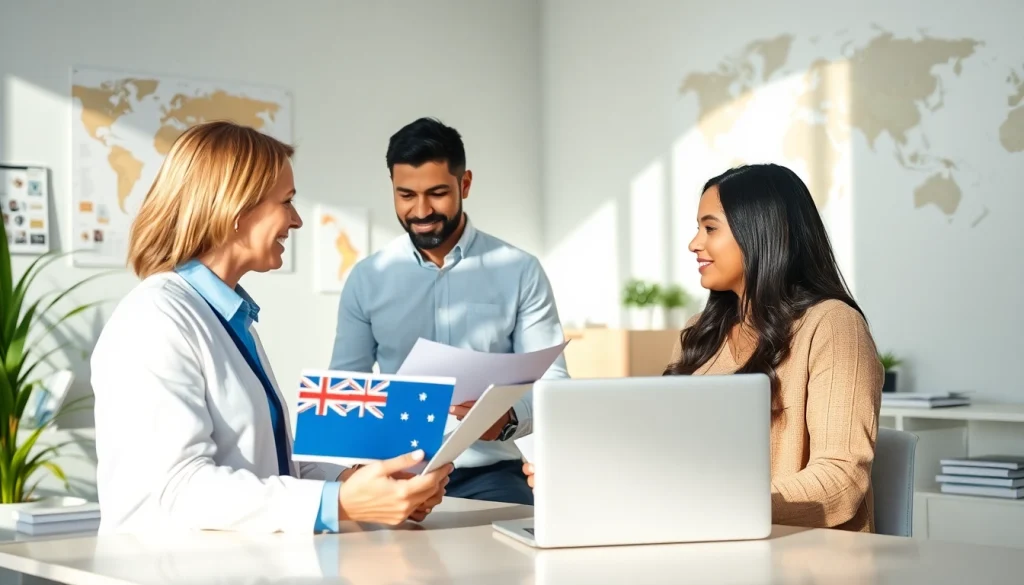 Consultation scene for a Canada visitor visa from Australia, showing a migration agent with engaged clients.