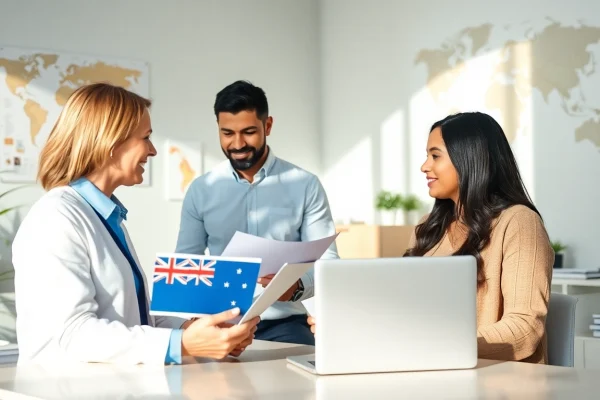 Consultation scene for a Canada visitor visa from Australia, showing a migration agent with engaged clients.