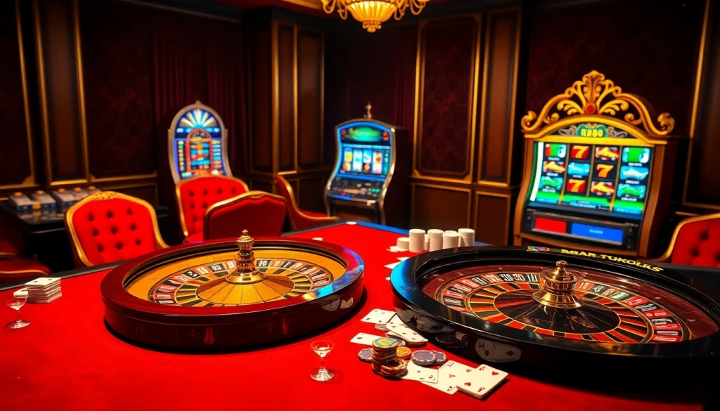 RR88 casino scene featuring a luxurious roulette table, poker chips, and slot machines.