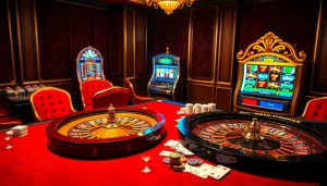 RR88 casino scene featuring a luxurious roulette table, poker chips, and slot machines.
