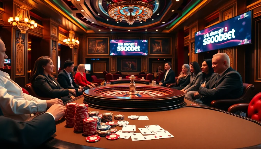 Exciting gambling scene showcasing link alternatif sbobet at a luxurious poker table with vibrant colors.