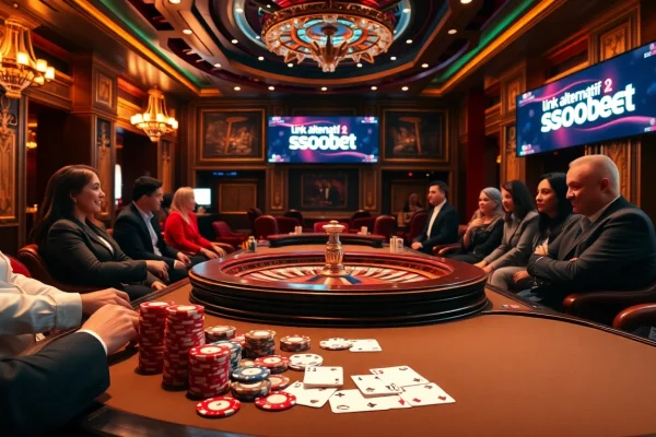 Exciting gambling scene showcasing link alternatif sbobet at a luxurious poker table with vibrant colors.