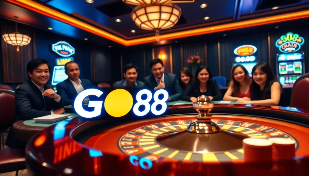 Experience thrilling gameplay at GO88 with vibrant casino elements like poker chips and cards.