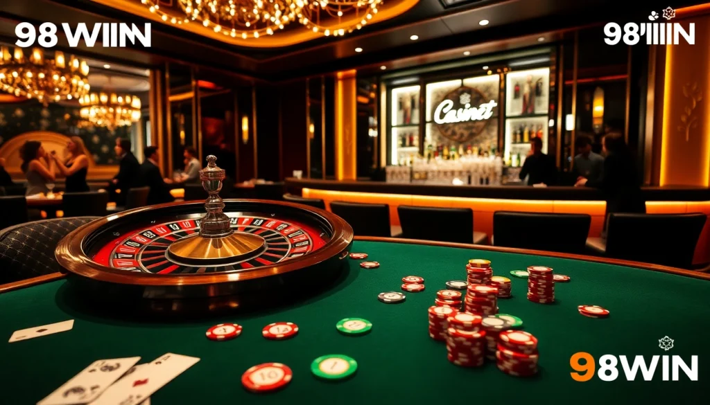 Engage in thrilling gameplay at 98WIN's luxurious casino, with poker chips and roulette.