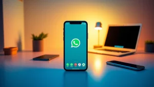 Engaging visual of GB WhatsApp app interface on a smartphone in a modern workspace.