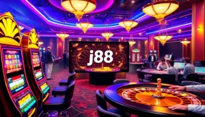 Players enjoying the thrill of j88 online gambling with vibrant slot machines and roulette wheels.