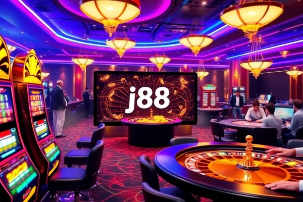Players enjoying the thrill of j88 online gambling with vibrant slot machines and roulette wheels.