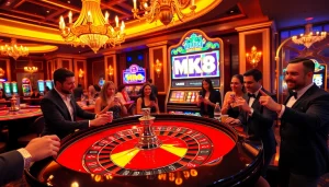 Players engaging in thrilling bets at MK8 casino tables filled with colorful chips and a roulette wheel.